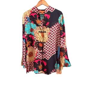 Harari 100% Silk Floral Scallop Mandarin Collar Frog Button Blouse Womens Large
